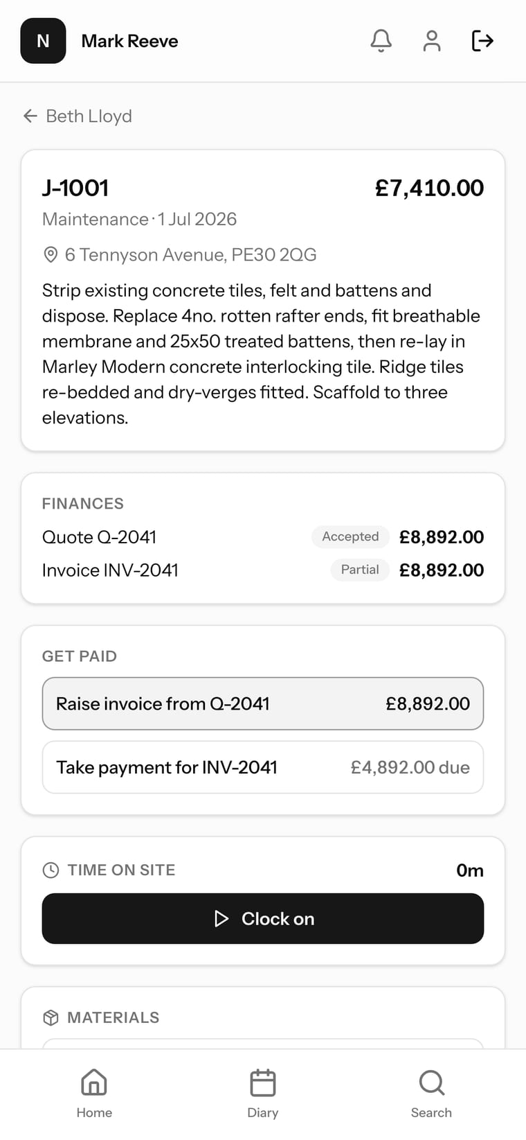 The field app showing a roofing job: the spec, the accepted quote, the invoice, and a clock-on button